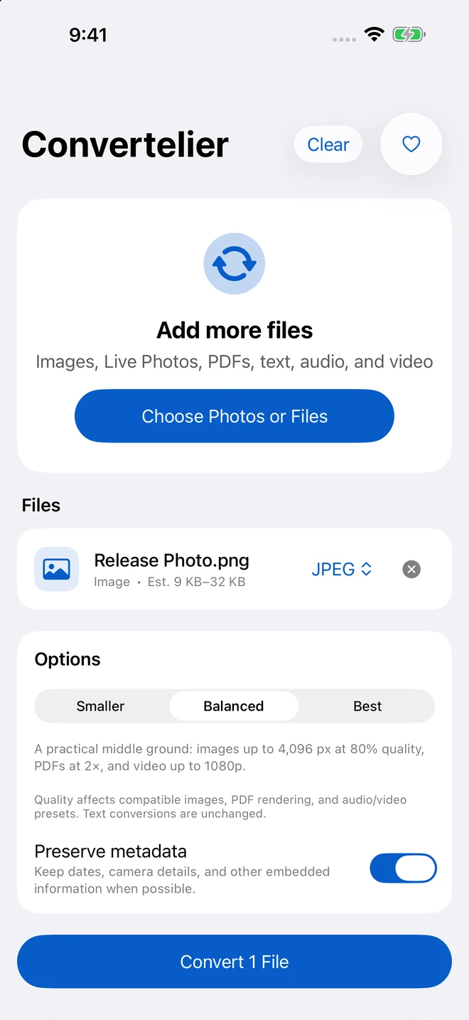 Convertelier on iPhone, showing a PNG file set to JPEG, Balanced quality, and a Preserve metadata toggle.